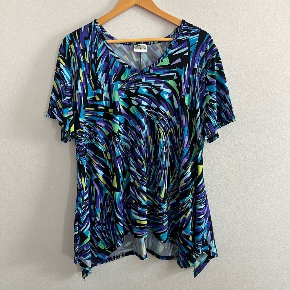 Collections ETC Tunic Top Asymmetrical Waterfall Short Sleeve V-neck